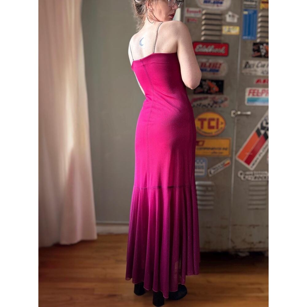 Vintage Y2K Magenta Mermaid Prom Dress | Pink Glitter Gown | Mesh Ruffle | XS - Picture 7 of 11